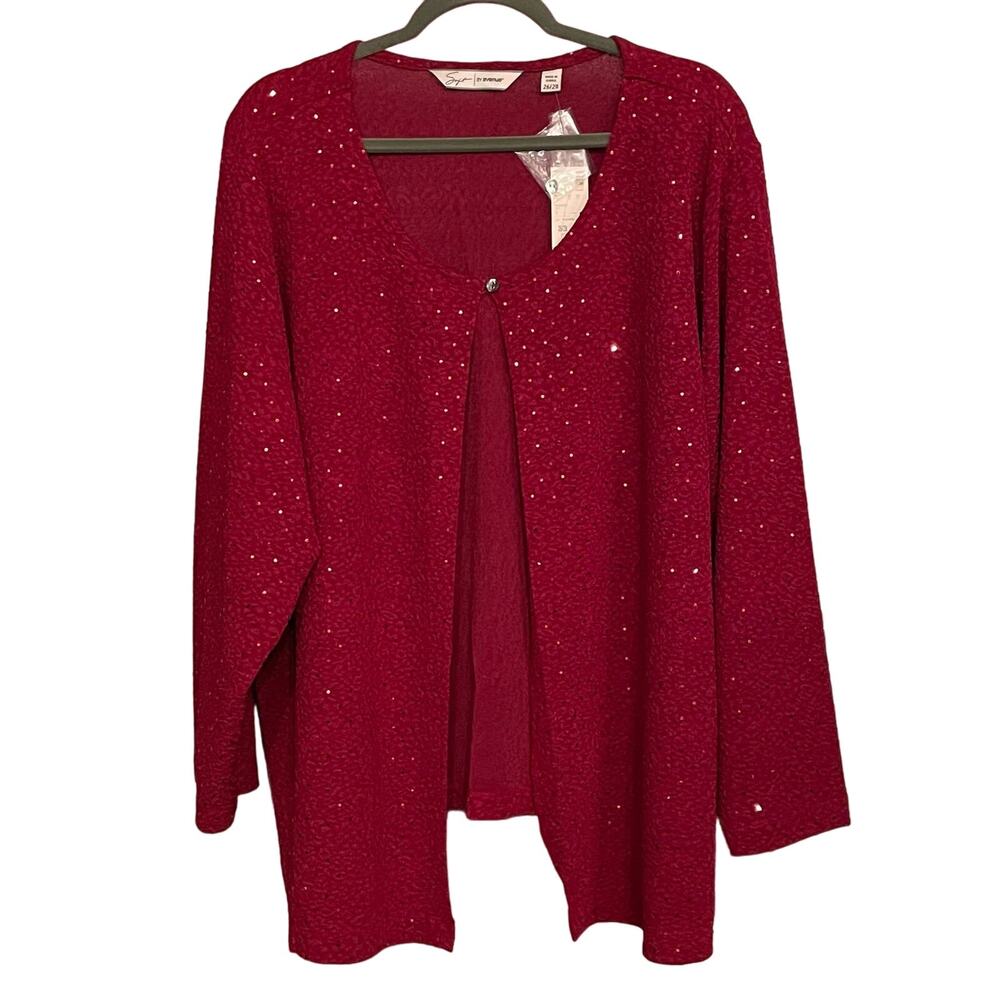 Soft By Avenue Cardigan Red Single‎ Button Sequins Shimmer Long Sleeve Sz 26/28